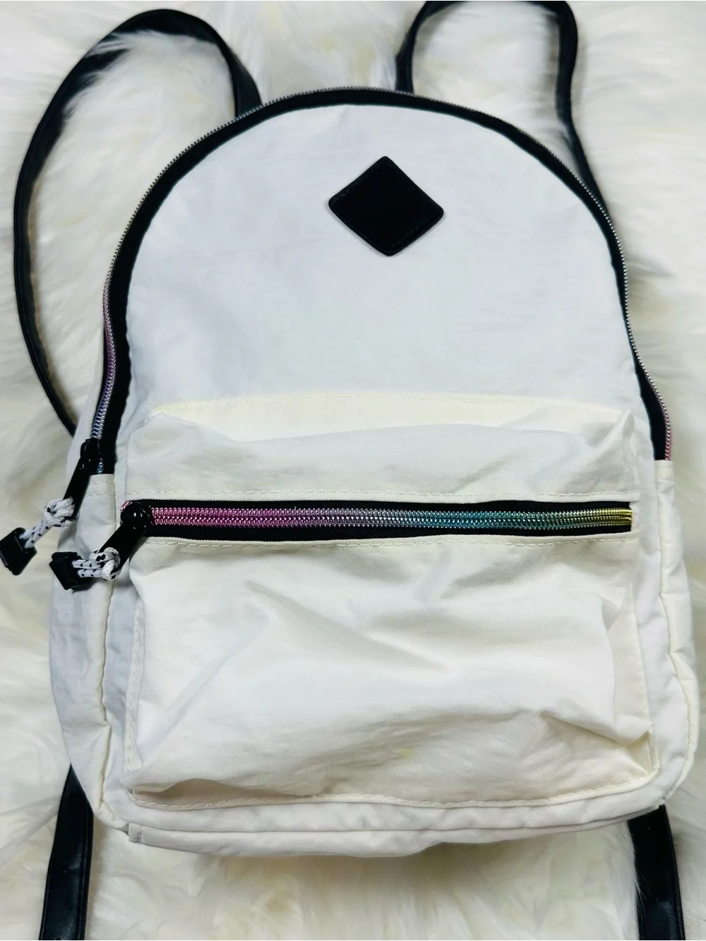 Claire's White Backpack with Black Trim and Multicolor Zipper